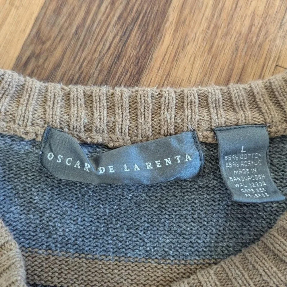 Oscar de la Renta Mens V-Neck Striped Sweater Tan Grey Black Cotton Blend‎ Large